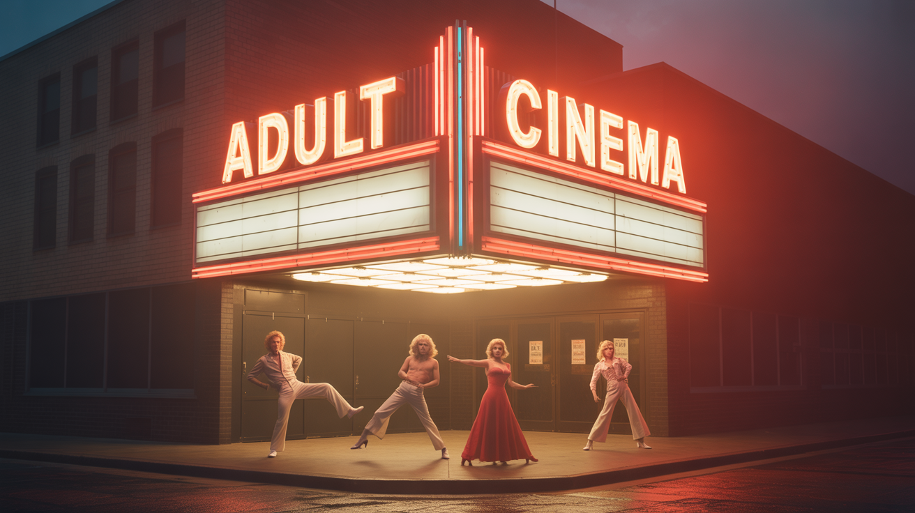 Pôster fictício de um clássico pornô exagerado dos anos 70, mostrando como os clichês do gênero nunca saem de moda — só da realidade.