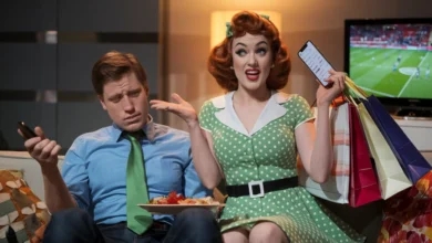 Homem confuso e exausto enquanto sua namorada fala empolgadamente sobre algo que ele claramente não entende.